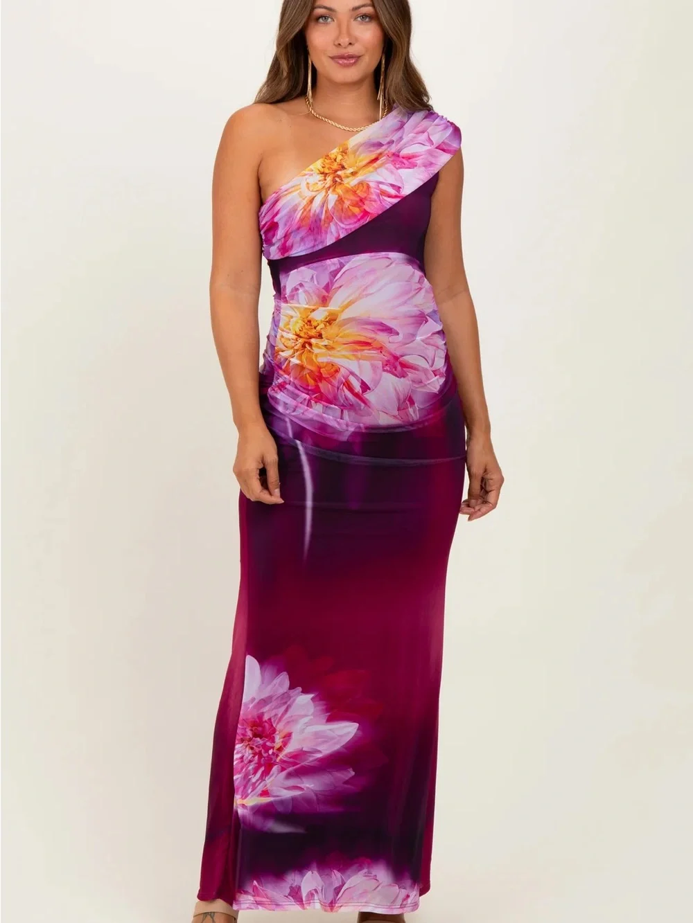 Never worn ~ Plum Floral One Shoulder Maternity Maxi Dress